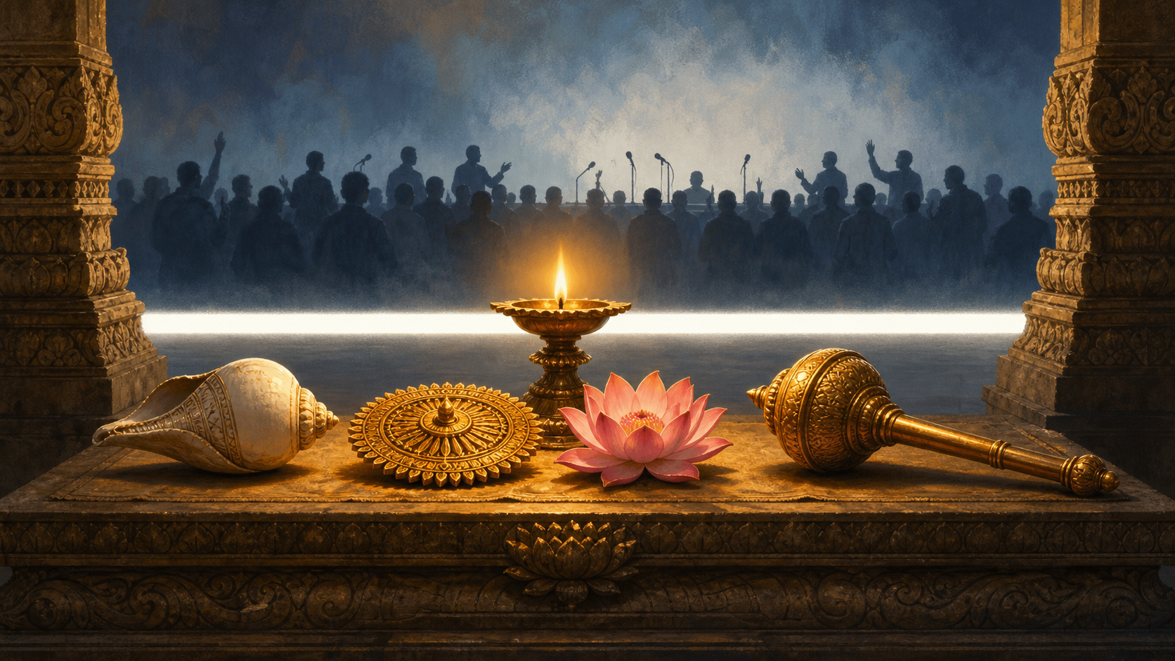 Traditional Vaishnava symbols rest in a lamp-lit stone shrine, separated by a band of light from an anonymous political gathering in the background.