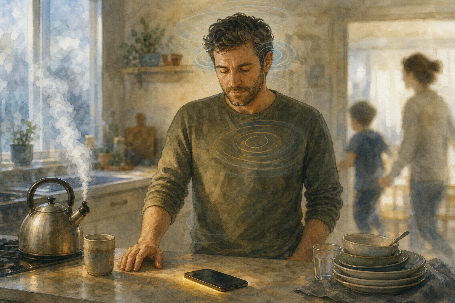 A person pauses calmly at a kitchen counter while steam, a face-down phone, dishes, and blurred household activity surround them.