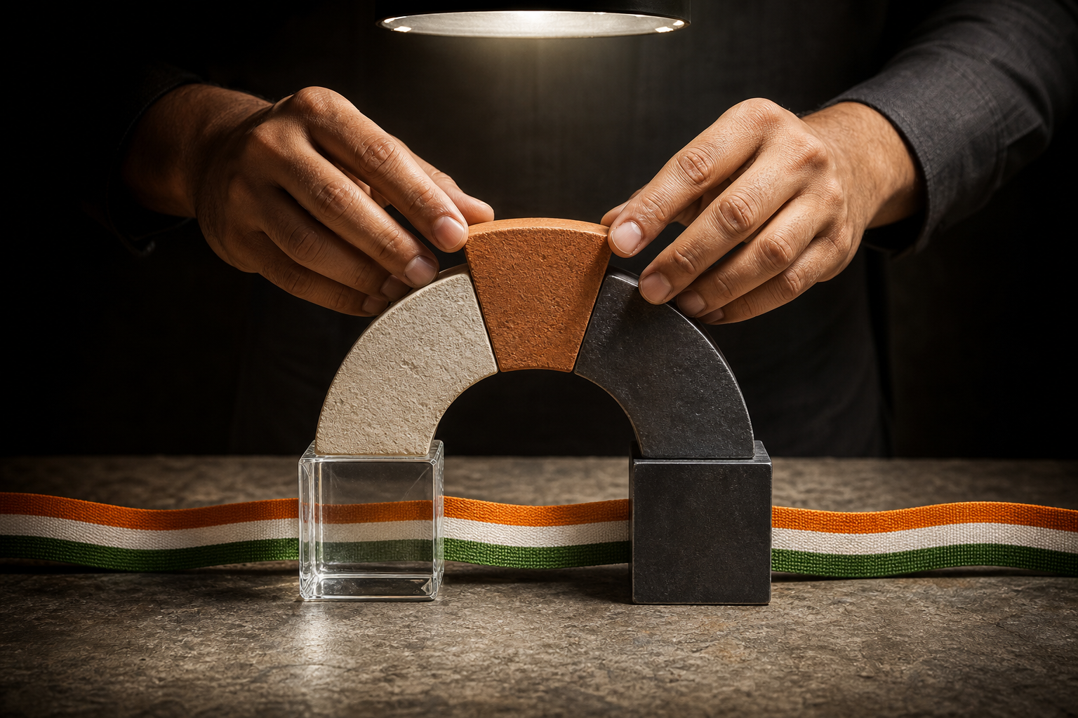 A pair of hands builds a balanced arch from glass, metal, stone, and terracotta blocks beside a saffron, ivory, and green ribbon.