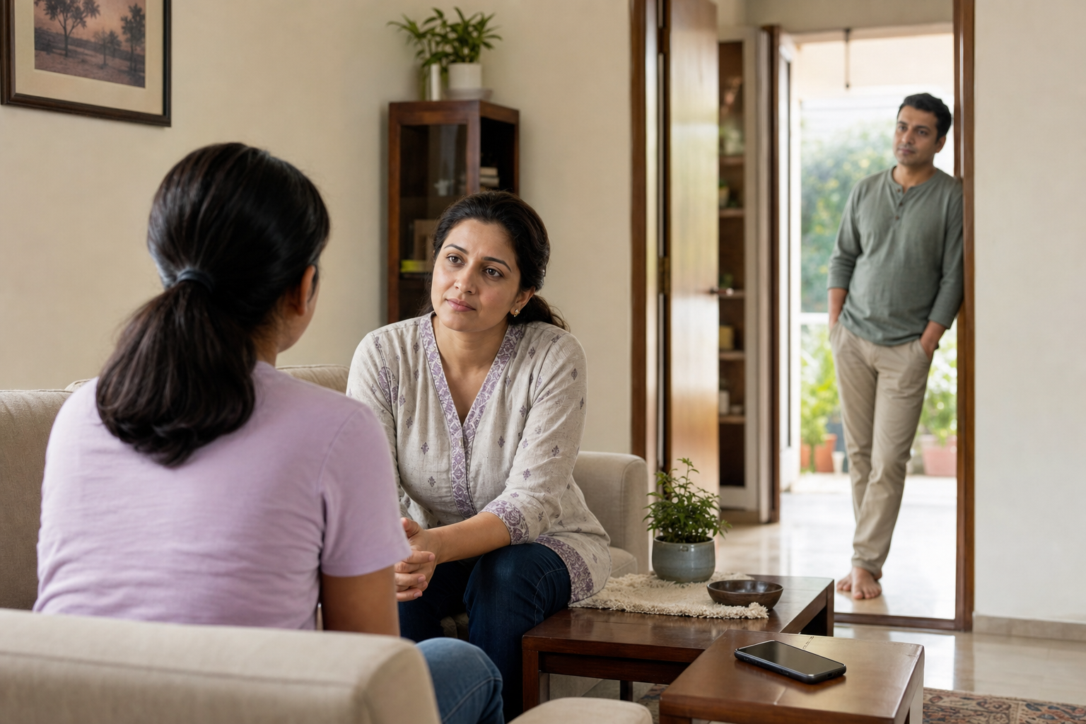 A caregiver listens to an adolescent seated in a quiet home while another trusted adult waits near an open doorway.