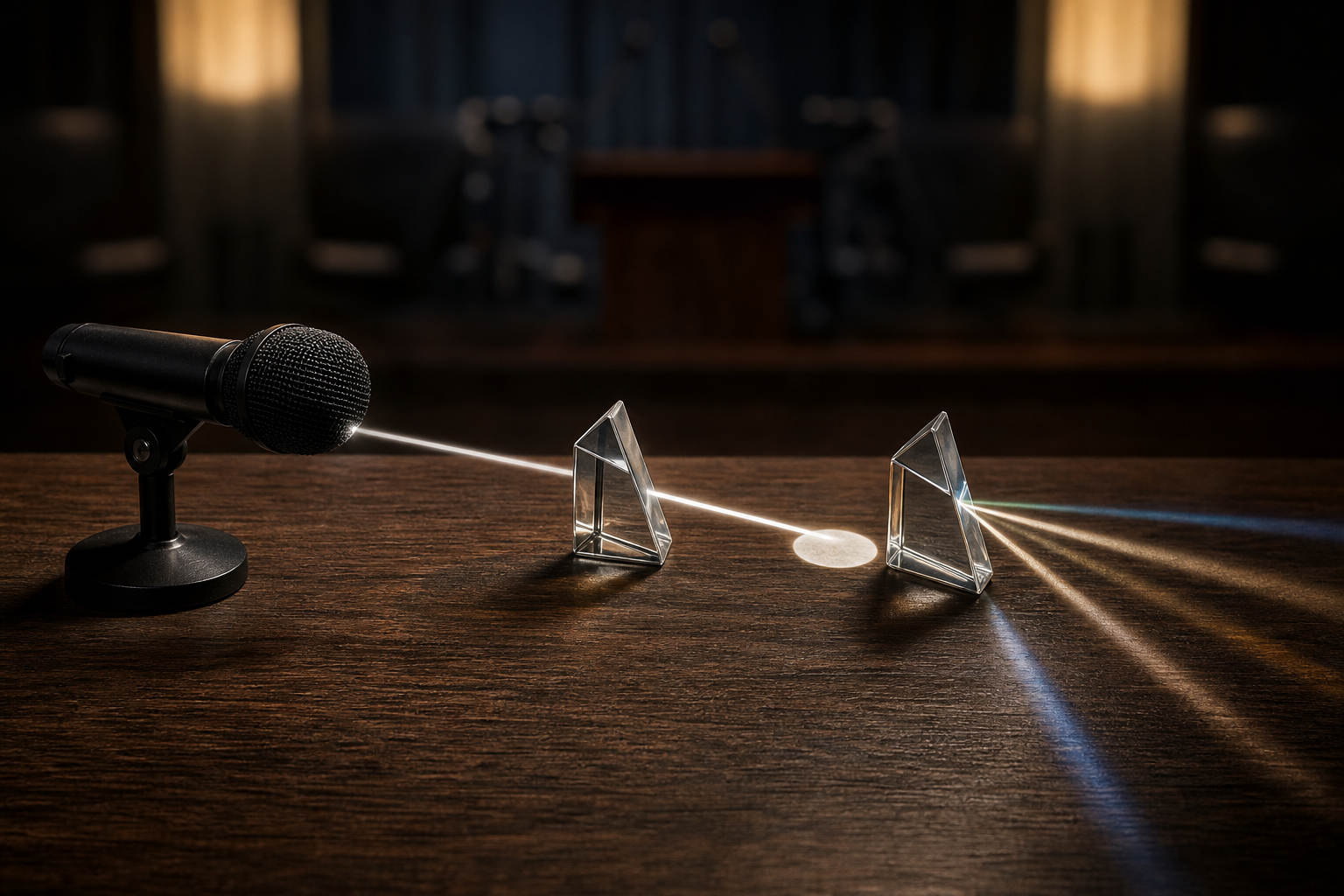 A microphone and glass prisms divide a beam of light into one direct path and several refracted paths on a wooden desk.