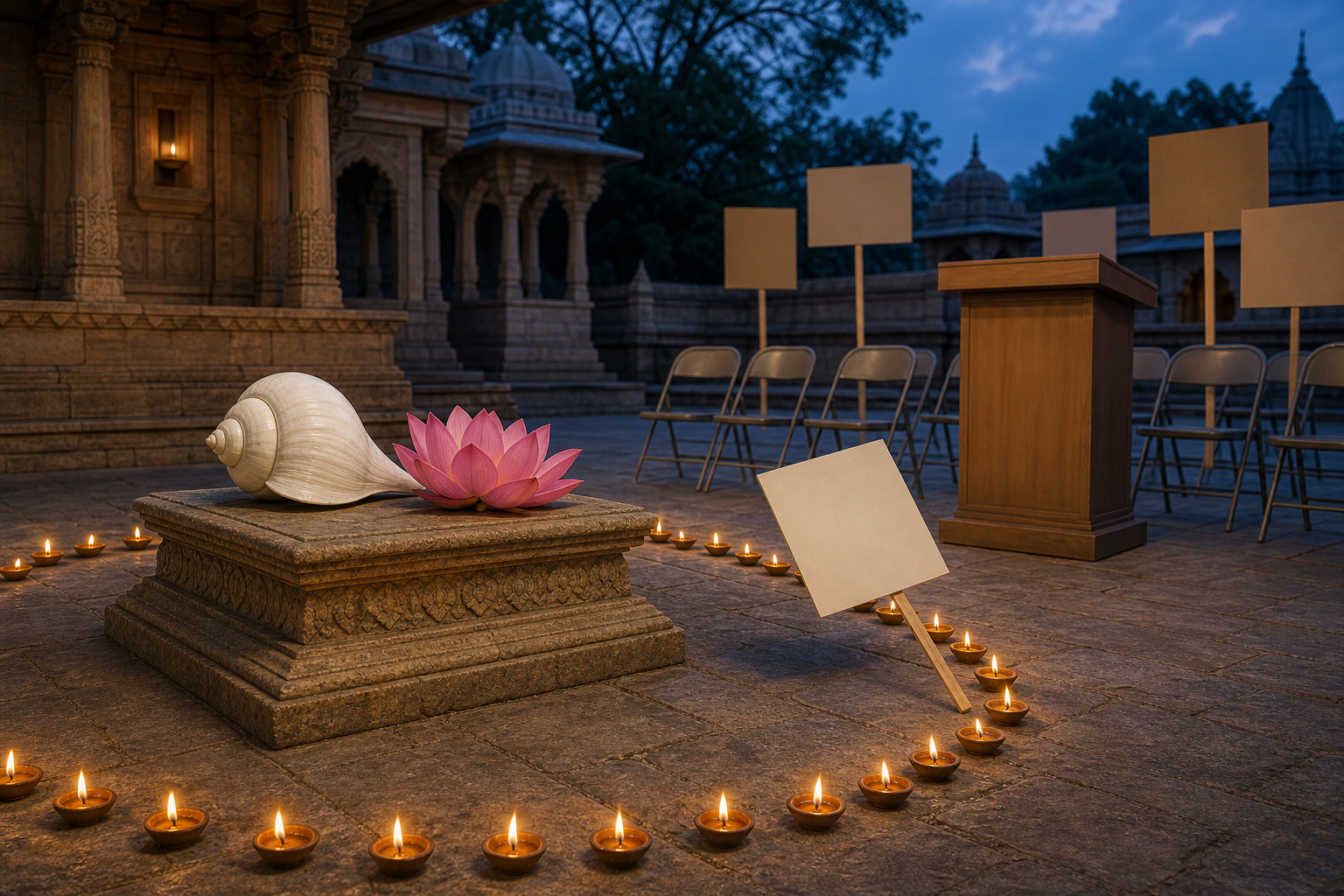 A conch and lotus on a sandstone pedestal are surrounded by oil lamps as a blank political placard leans across the illuminated boundary.