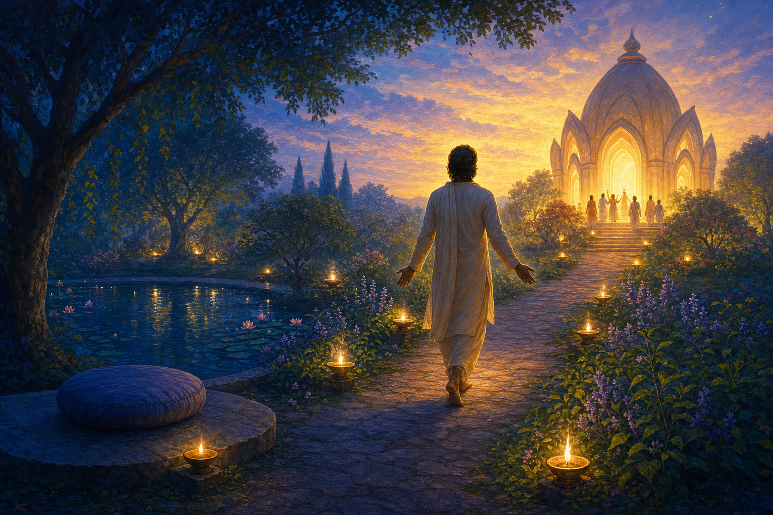 A seeker leaves a meditation cushion and follows a lamp-lit garden path toward a glowing temple sanctuary and a small devotional gathering.