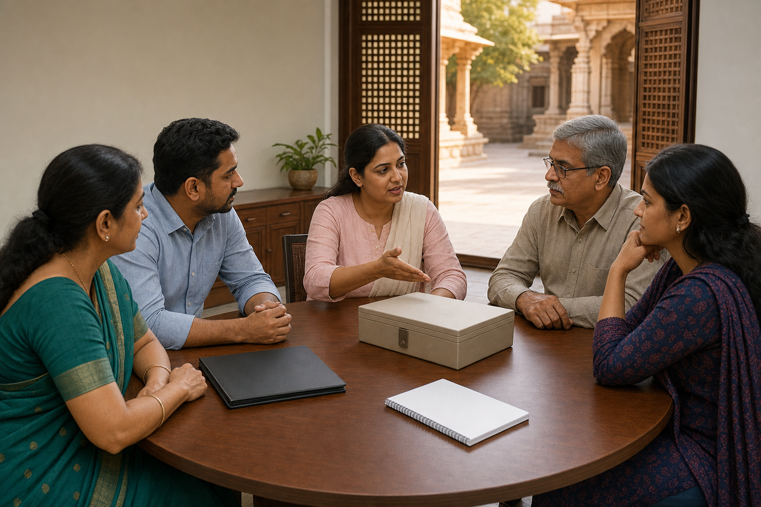 Adult community volunteers hold a calm safeguarding meeting around a table beside a temple courtyard, with an unmarked folder and secure document box.