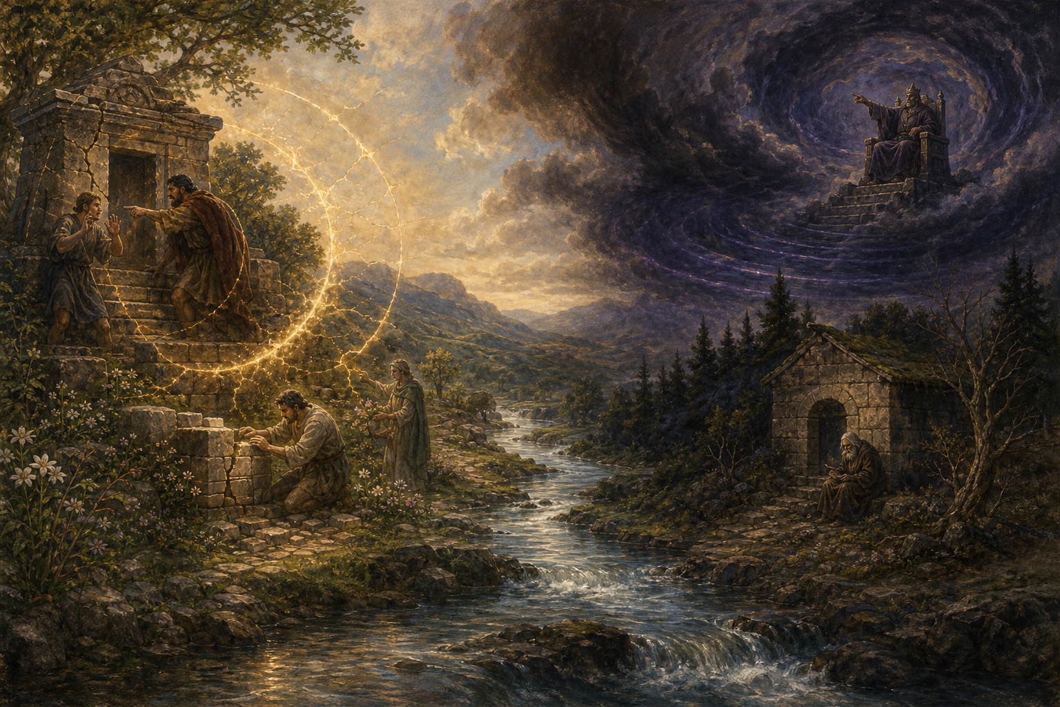 Two connected landscapes show one harmful choice bending toward repair and another returning as storm clouds around a celestial seat of power.
