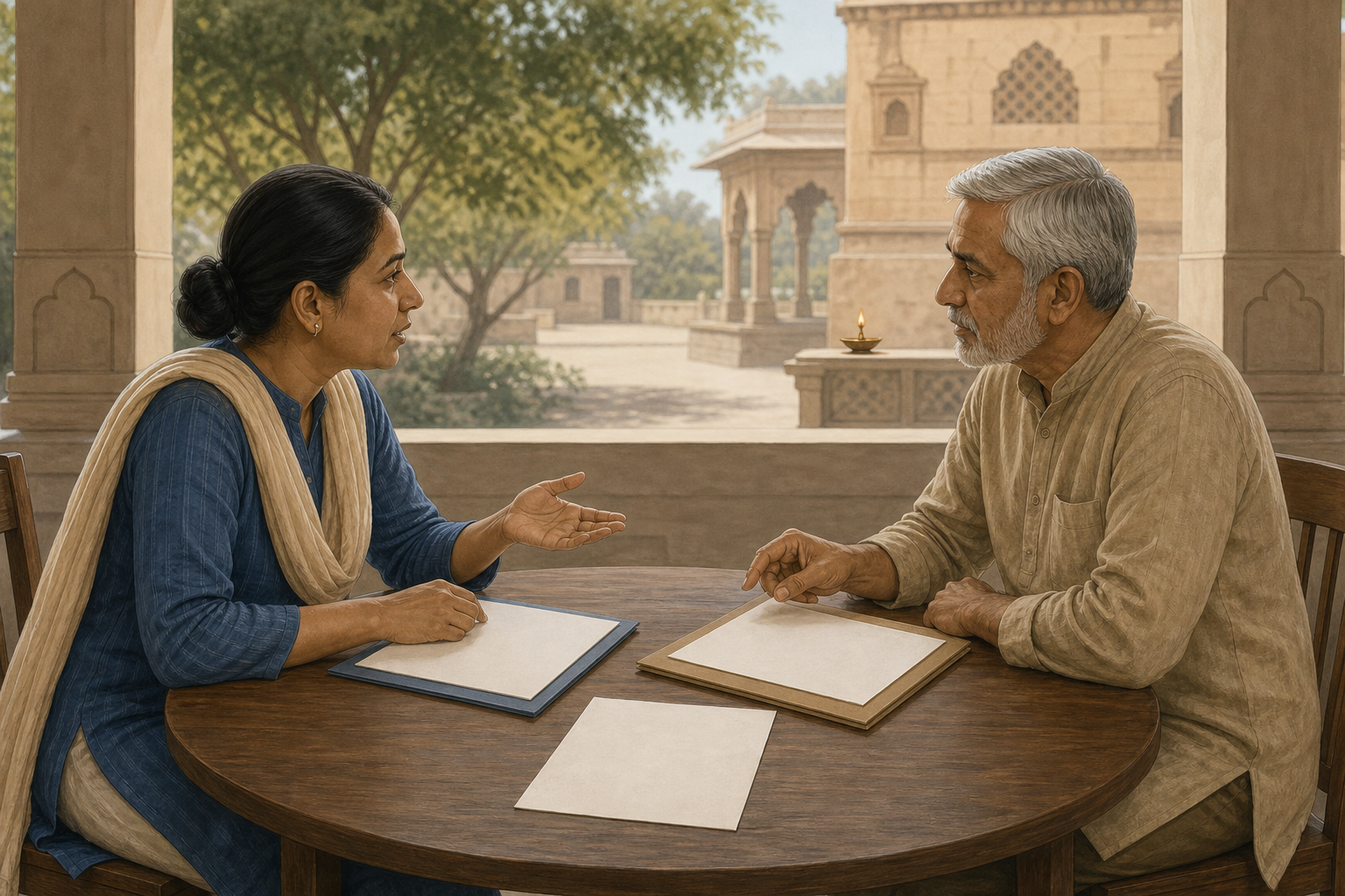 Two anonymous citizens discuss blank documents across a round table in a sunlit civic courtyard while a brass lamp glows in the background.