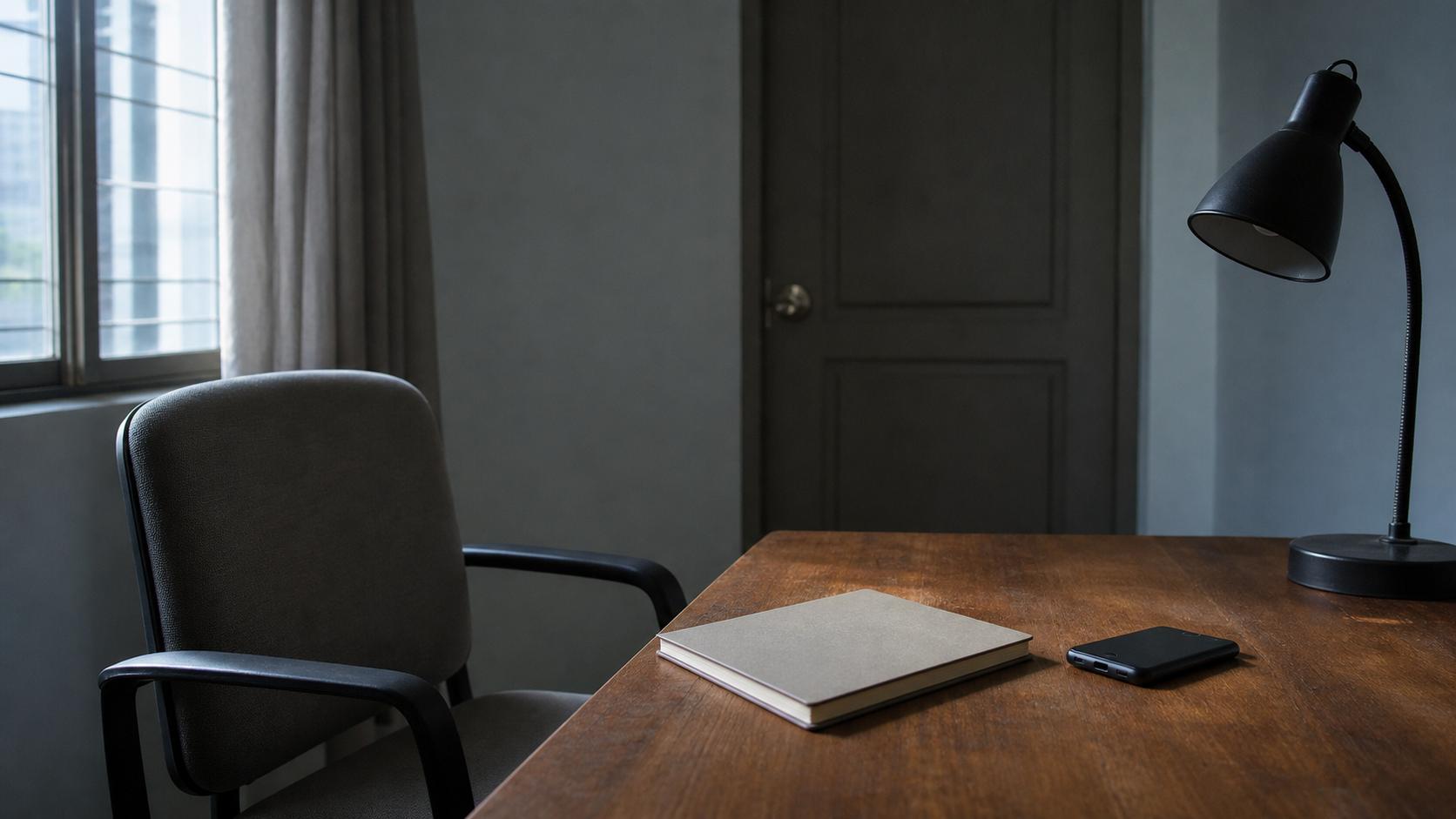 An empty study chair stands beside a desk with a closed notebook and a smartphone placed face down in soft morning light.