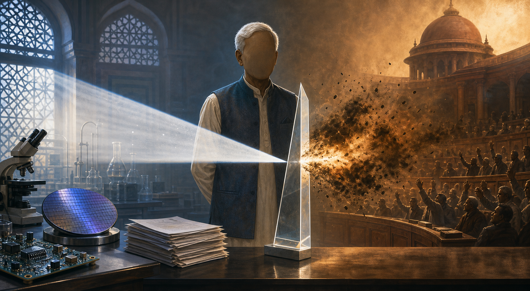 An anonymous academic stands between a research laboratory and a parliamentary chamber as a glass prism separates clear light from a cloud of accusation.