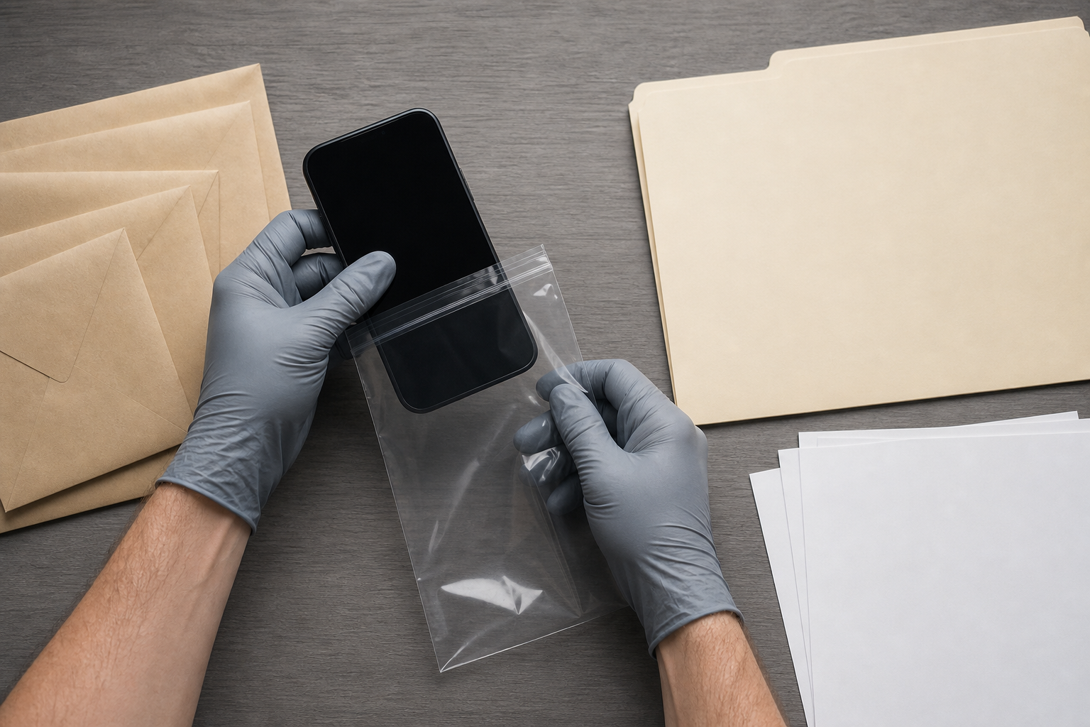 Gloved hands place a powered-off smartphone into a clear evidence sleeve beside plain envelopes and an unmarked folder.