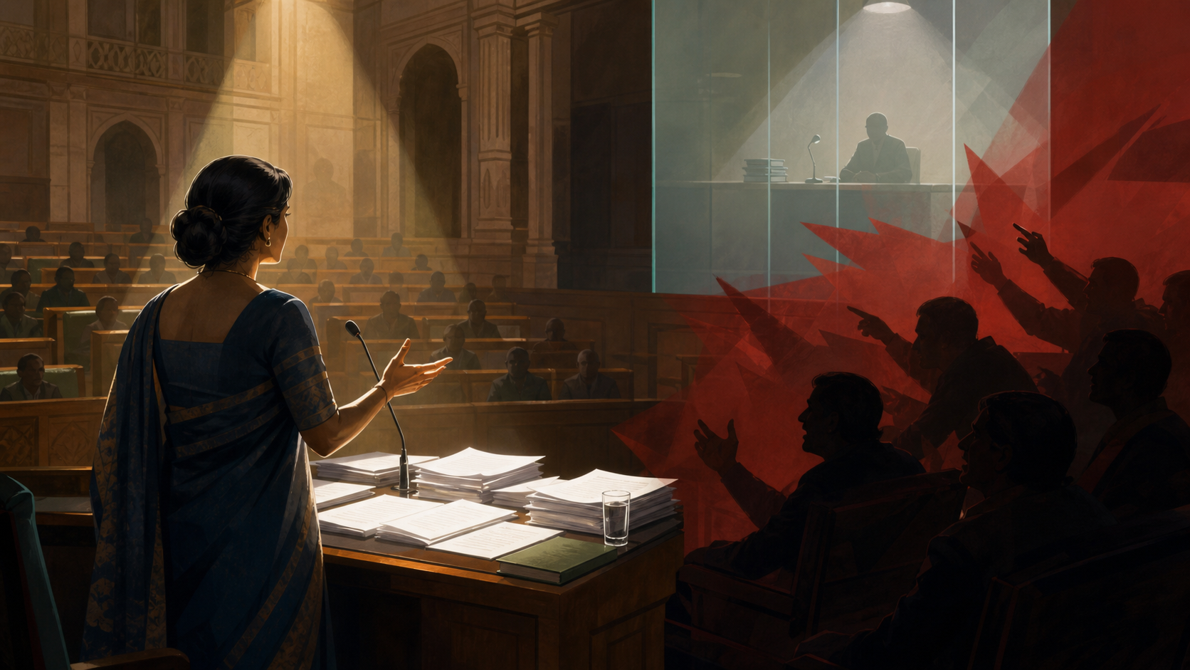 An anonymous woman parliamentarian speaks in a generic legislative chamber while an academic silhouette stands beyond a translucent divider.