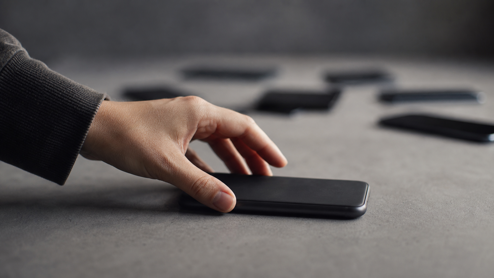 A hand turns a dark-screen smartphone face down on a table while other phones remain blurred in the background.
