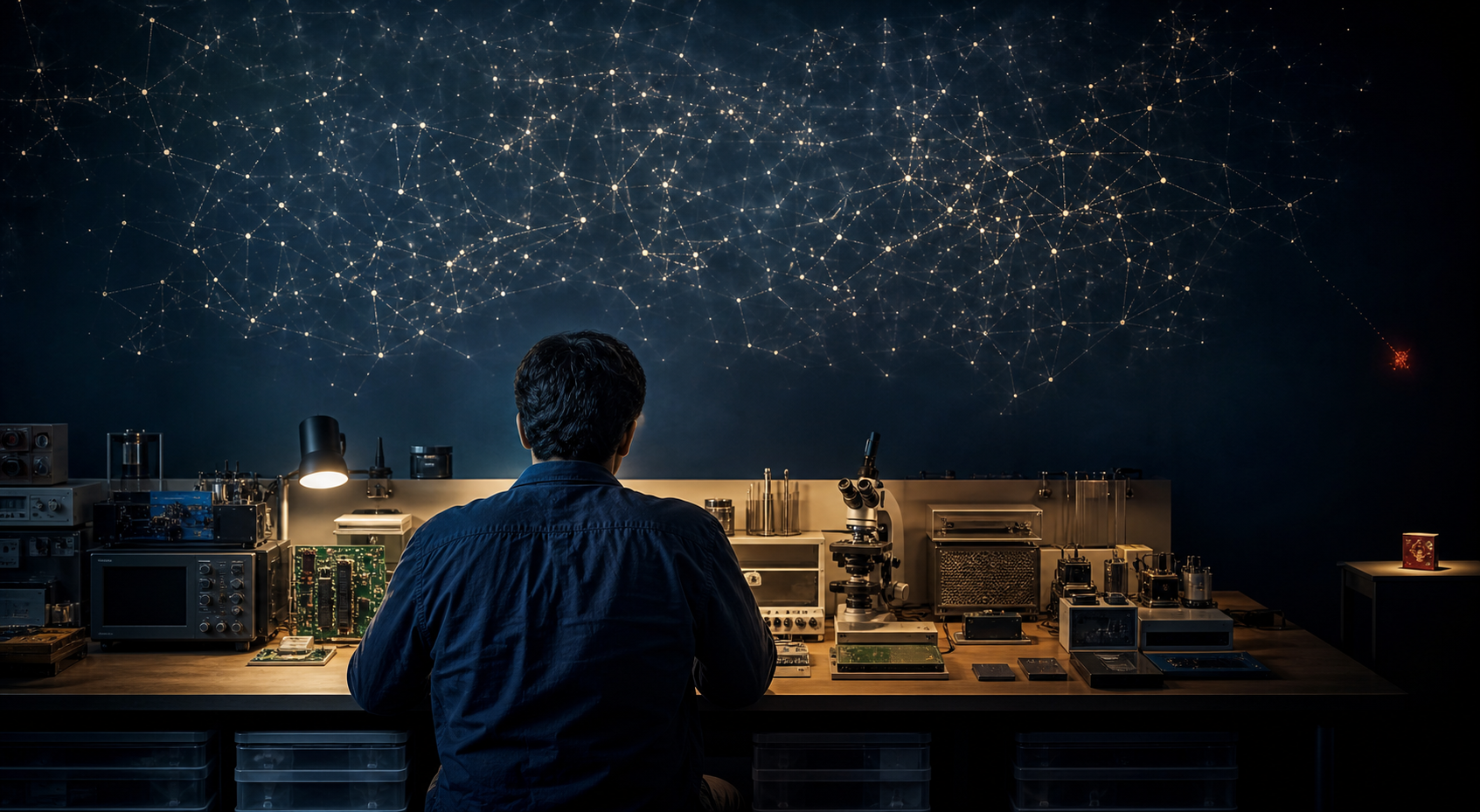 An anonymous computer scientist examines chips and research instruments beneath a constellation of lights representing a broad academic record.