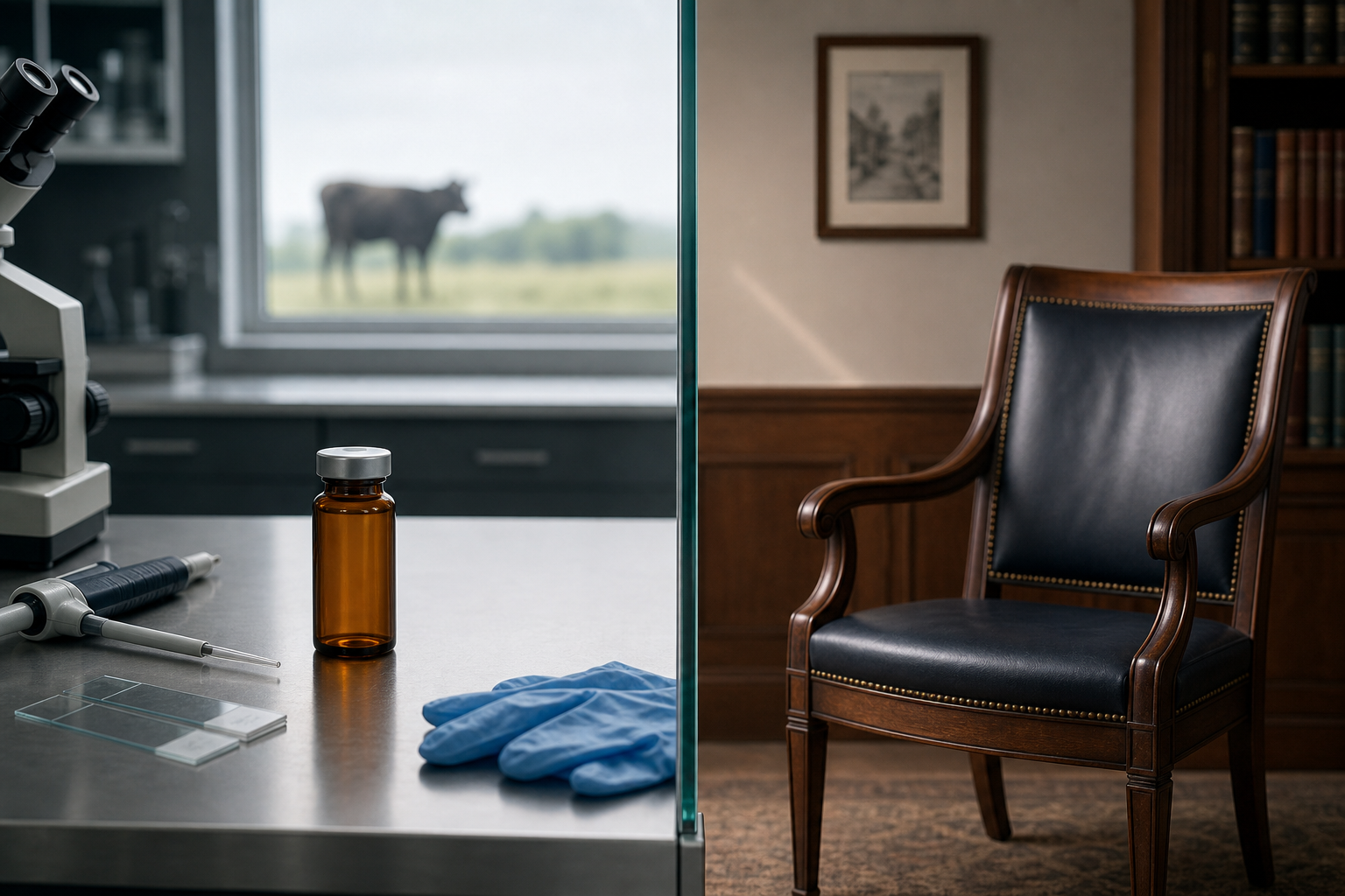 A sealed amber sample vial and laboratory tools are separated by glass from an empty academic chair, with a distant cow silhouette outside.