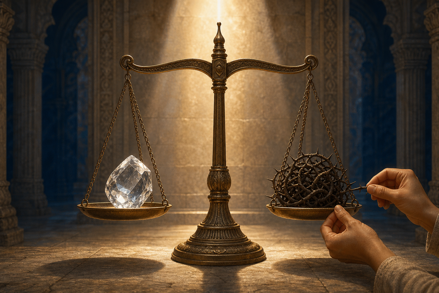 A balanced bronze scale holds a clear crystal and a tangled thorn-like mass as anonymous hands carefully remove one thorn.