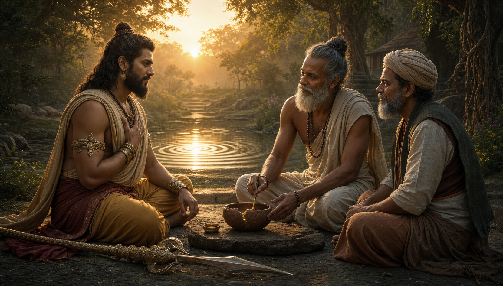 A powerful figure sets down a weapon and pauses before an ascetic and an elder as a damaged clay lamp is repaired between them.
