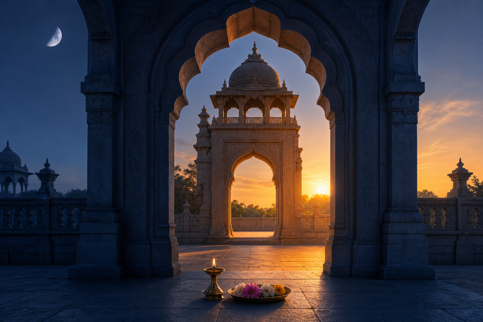 Temple courtyard transitioning from cool moonlit shadow to golden morning light, with a brass lamp and flower offering at the boundary.