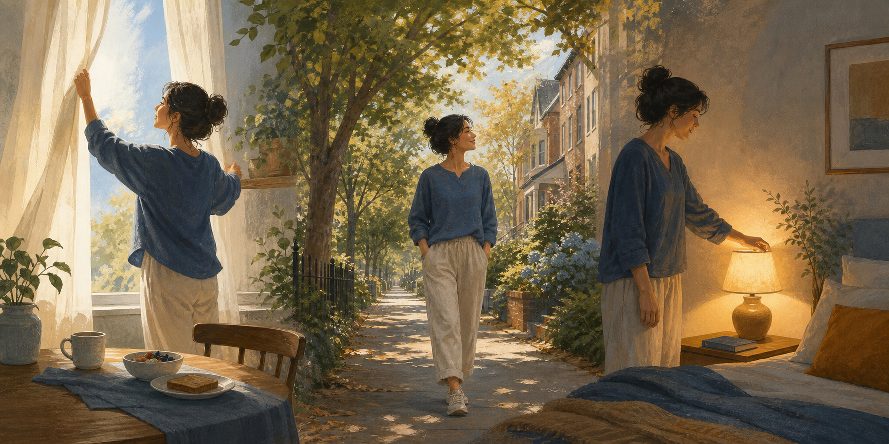 An adult receives morning light, takes a gentle afternoon walk, and settles into a softly lit room in the evening.