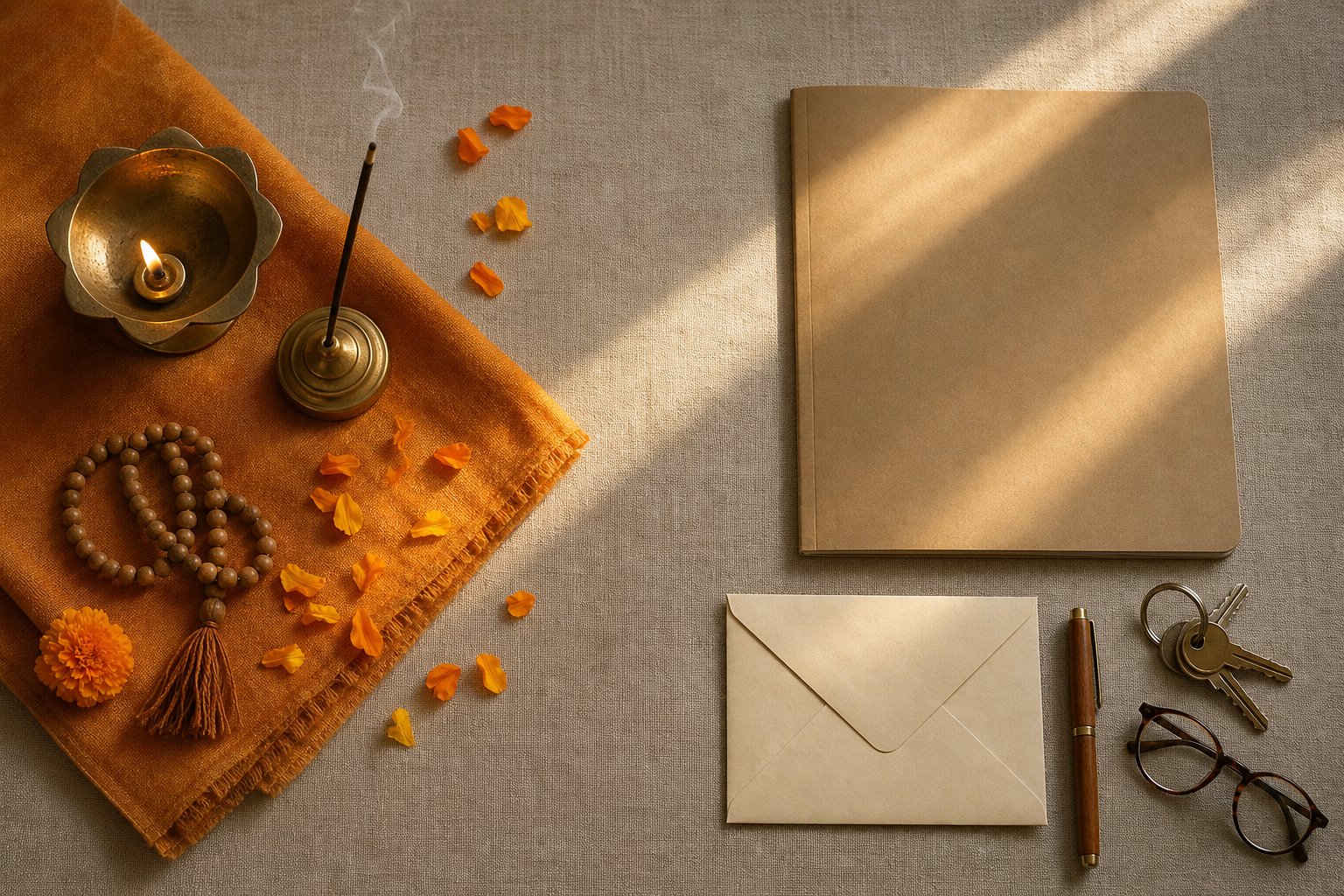 Overhead arrangement of prayer objects beside blank paperwork, a pen, keys, and glasses in morning sunlight.