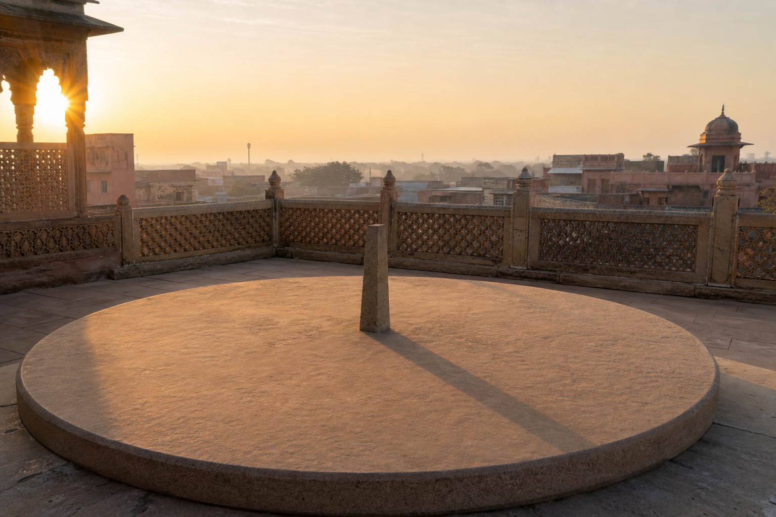 Stone sundial-like form casting a long shadow in a sunlit courtyard with rooftops on the horizon.