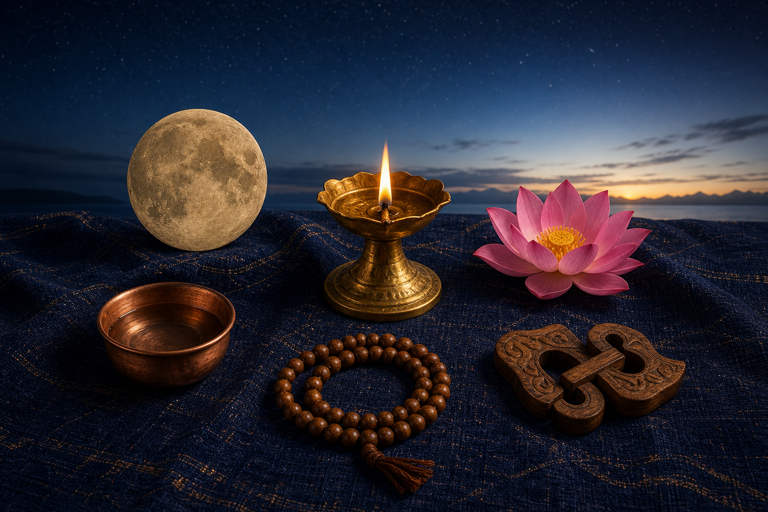 Central brass lamp surrounded by a lunar disk, lotus, copper bowl, prayer beads, and interlocking wooden pieces on indigo cloth.