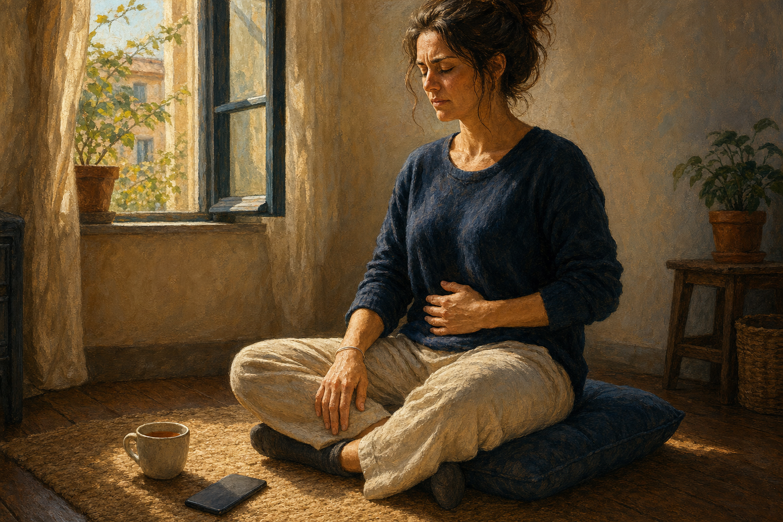 An adult practices quiet breath awareness on a cushion in a sunlit room, with a phone set aside and one hand resting on the abdomen.