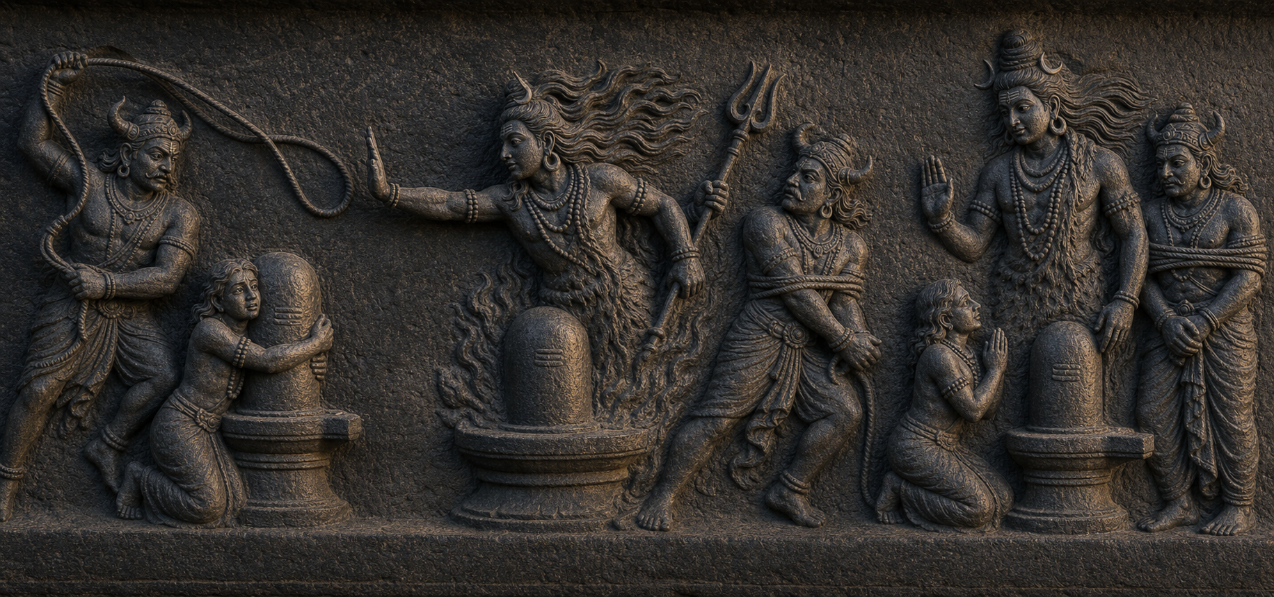 A continuous stone frieze shows Markandeya clinging to a linga, Shiva emerging to stop Yama, and the rescued devotee kneeling for Shiva's blessing.