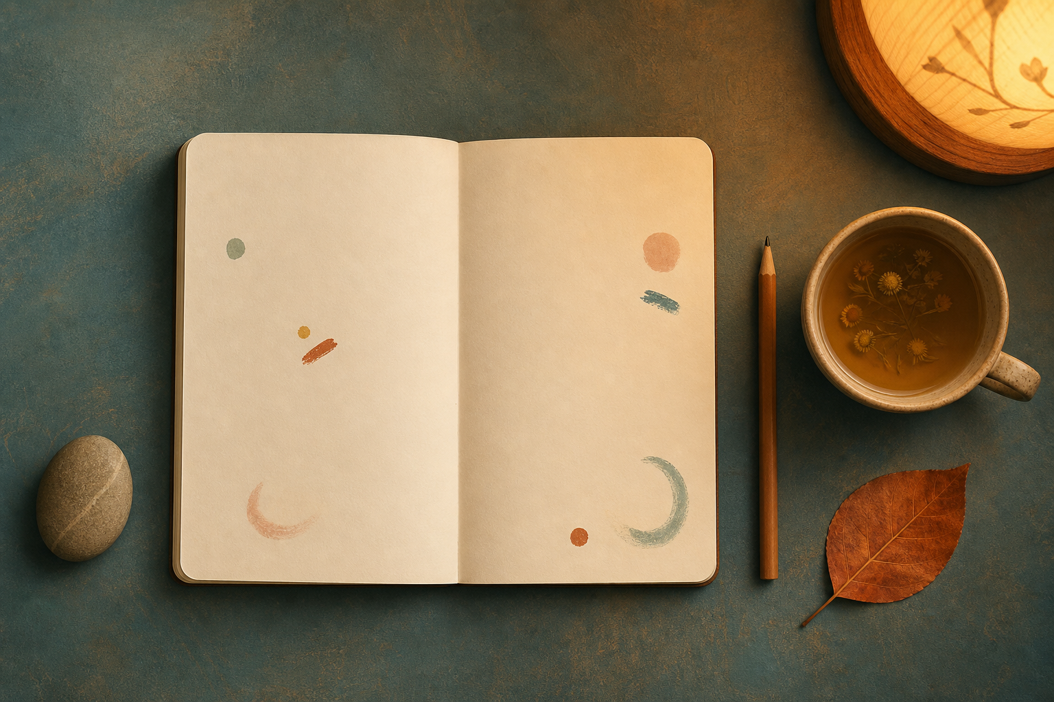 An open notebook with a few abstract marks lies beside a pencil, tea, a leaf, and a small stone in soft evening light.