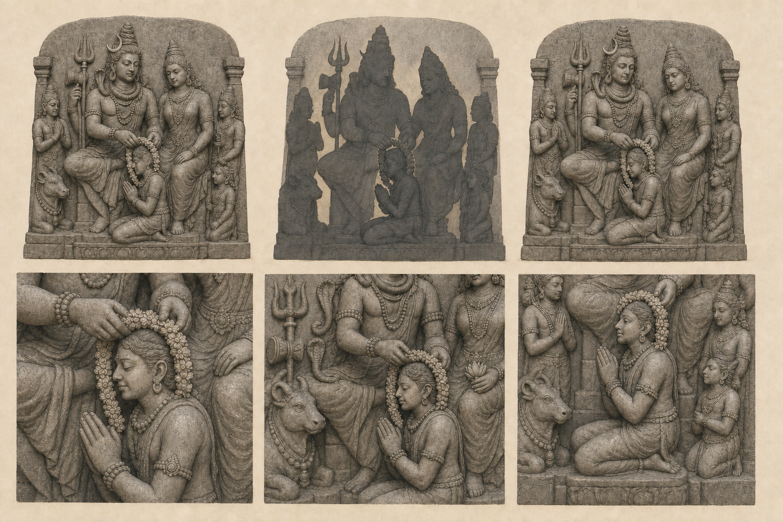 Six unlabeled views examine one carved scene of Shiva garlanding the kneeling Chandesha, including the full composition and close views of gazes, hands, attributes, and posture.