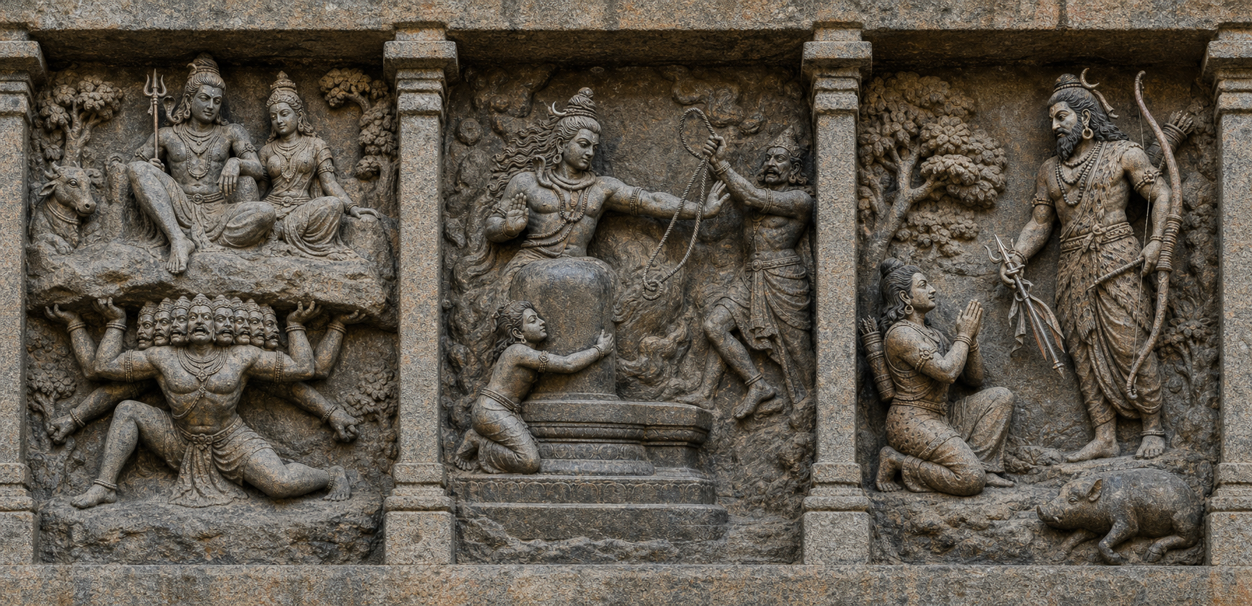 Three temple niches show Ravana restrained beneath Kailasa, Shiva protecting Markandeya from Yama, and hunter-form Shiva granting a weapon to kneeling Arjuna.
