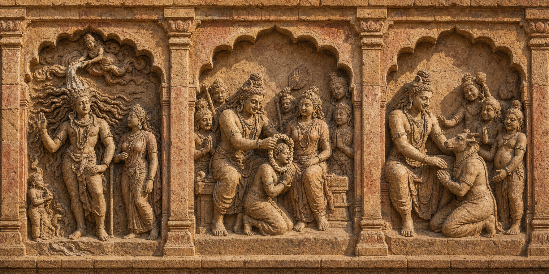 Three carved bays show Shiva catching the descending Ganga in his hair, garlanding the kneeling Chandesha, and welcoming a bull-faced Nandi among his attendants.