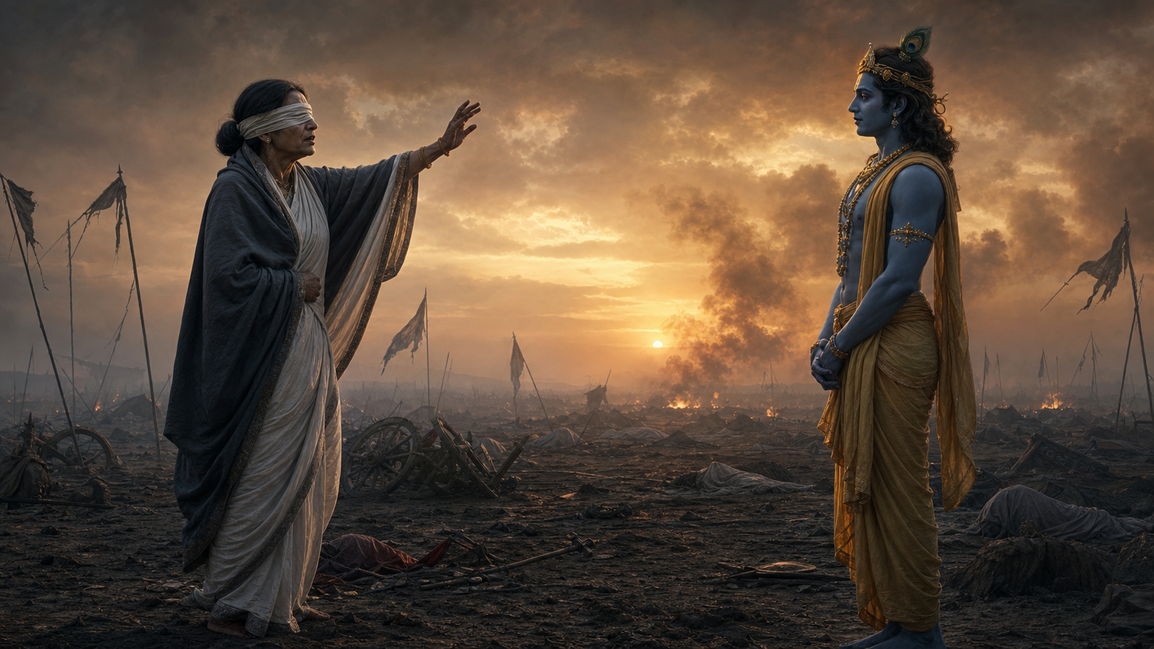 Blindfolded Gandhari raises one hand toward a calm Krishna on the smoke-filled field of Kurukshetra after the war.