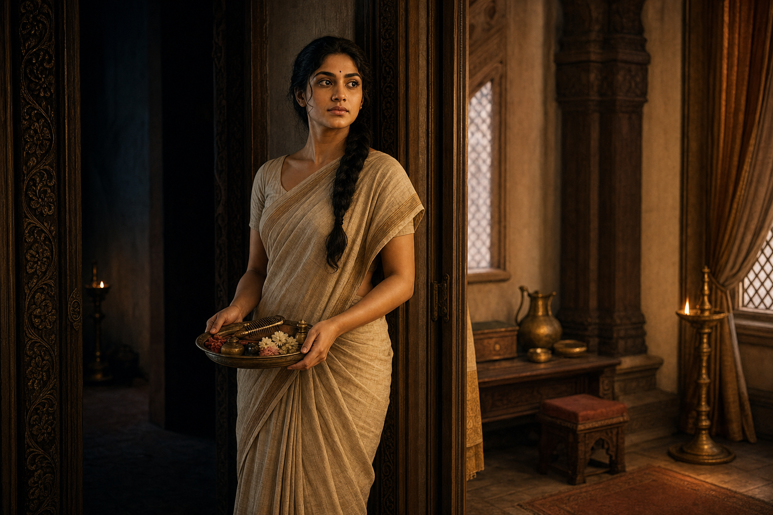 Draupadi disguised as Sairandhri stands in a palace dressing chamber holding a tray of hair ornaments and grooming implements.