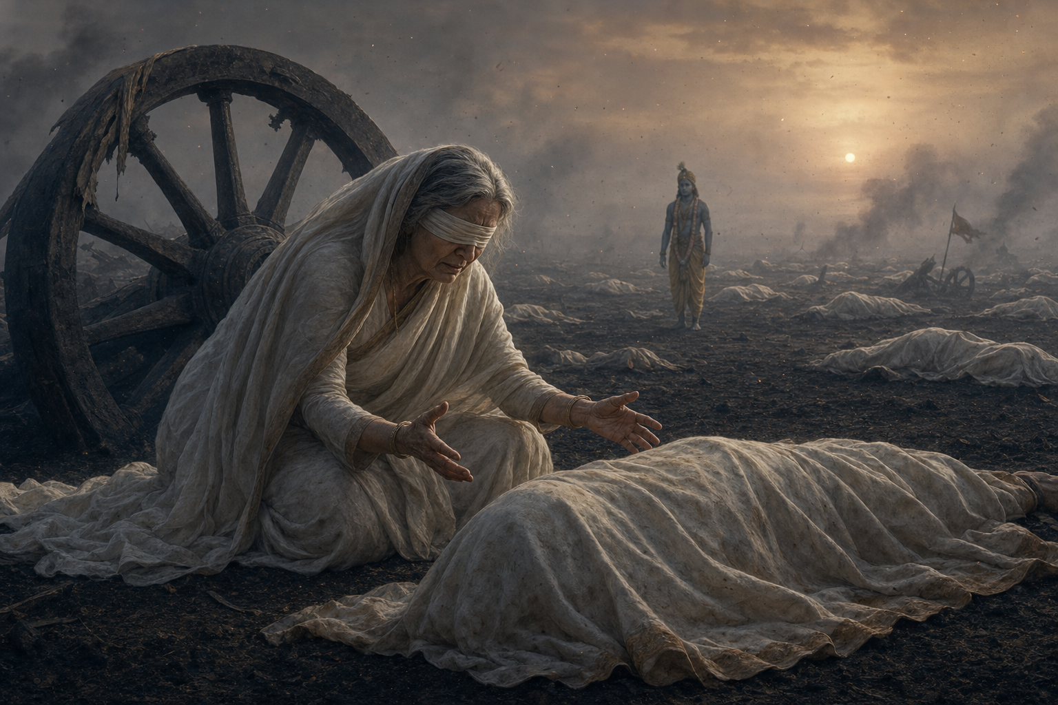 Blindfolded Gandhari kneels beside a shrouded fallen warrior while Krishna stands quietly in the smoky distance.