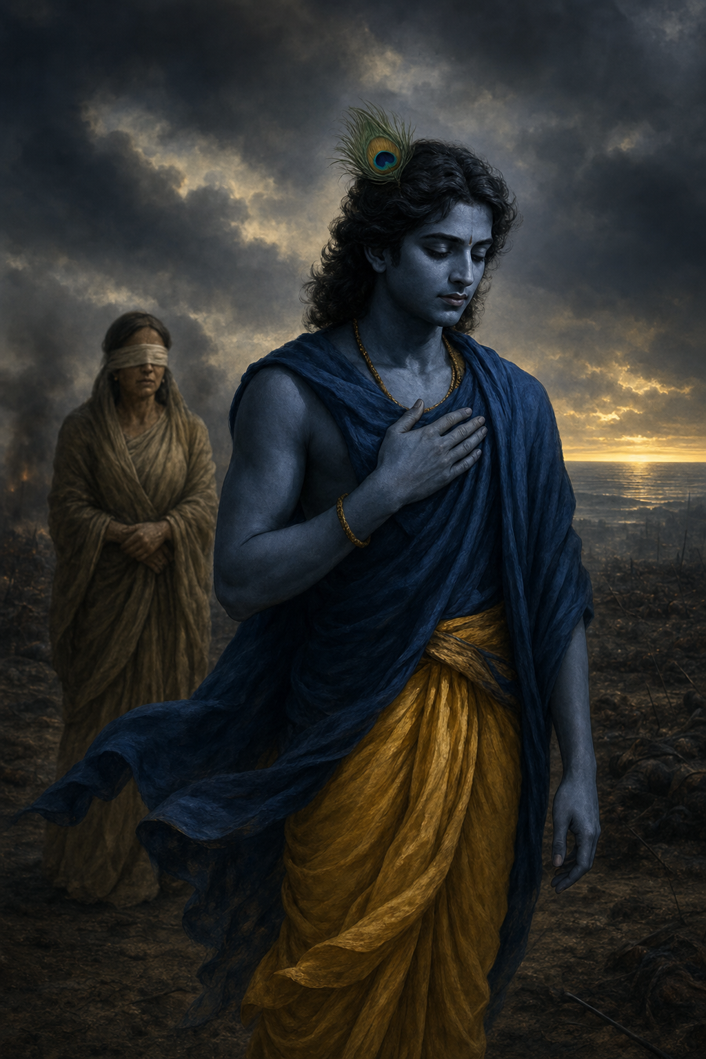 Krishna stands gravely with one hand over his heart after Gandhari's curse as she remains behind him on the battlefield.