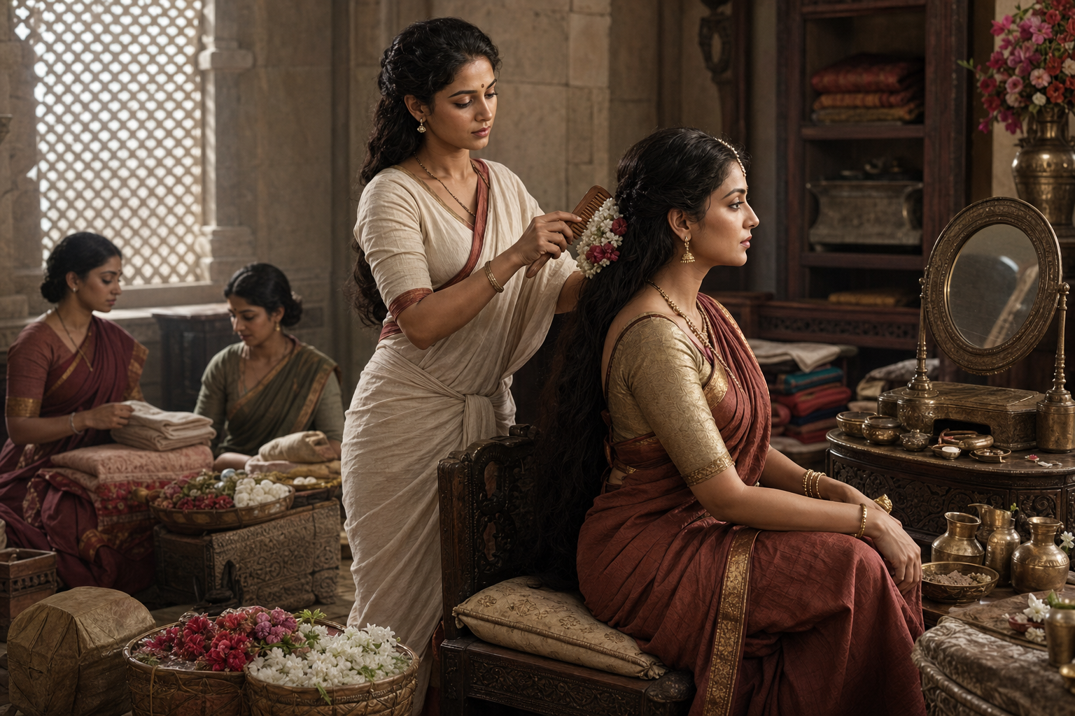 Sairandhri arranges Queen Sudeshna's hair with a wooden comb and flowers while attendants stand inside the palace chamber.