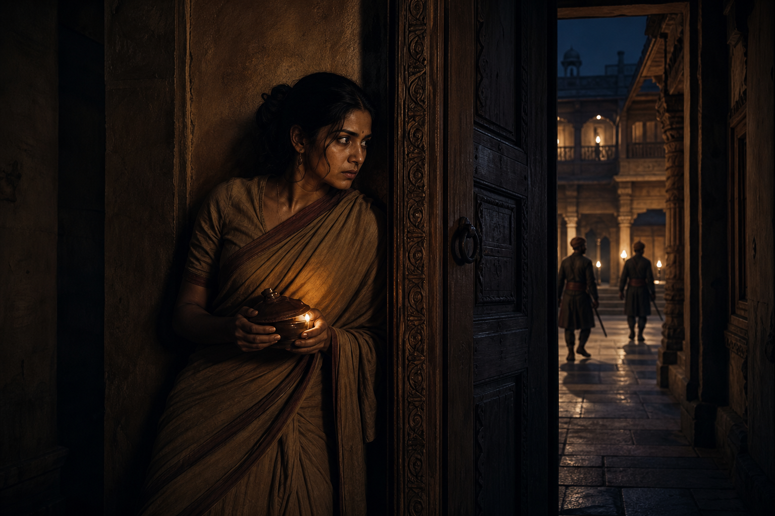 Draupadi as Sairandhri waits with a covered oil lamp in a dark palace corridor while guards pass through a courtyard beyond.