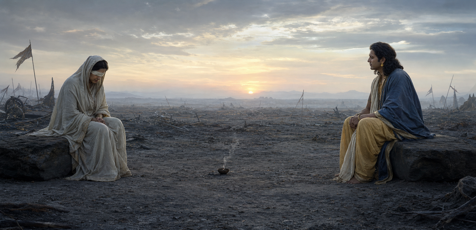 Gandhari and Krishna sit apart in solemn silence at dawn on the damaged battlefield, with an extinguished lamp between them.