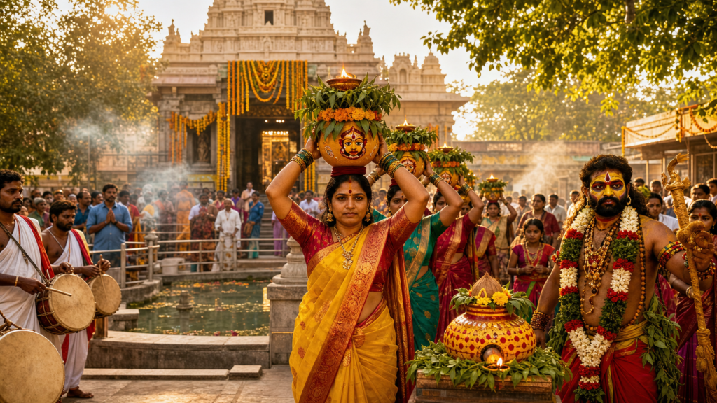 Women carrying decorated bonam pots during Bonalu celebrations at a South Indian temple in Hyderabad