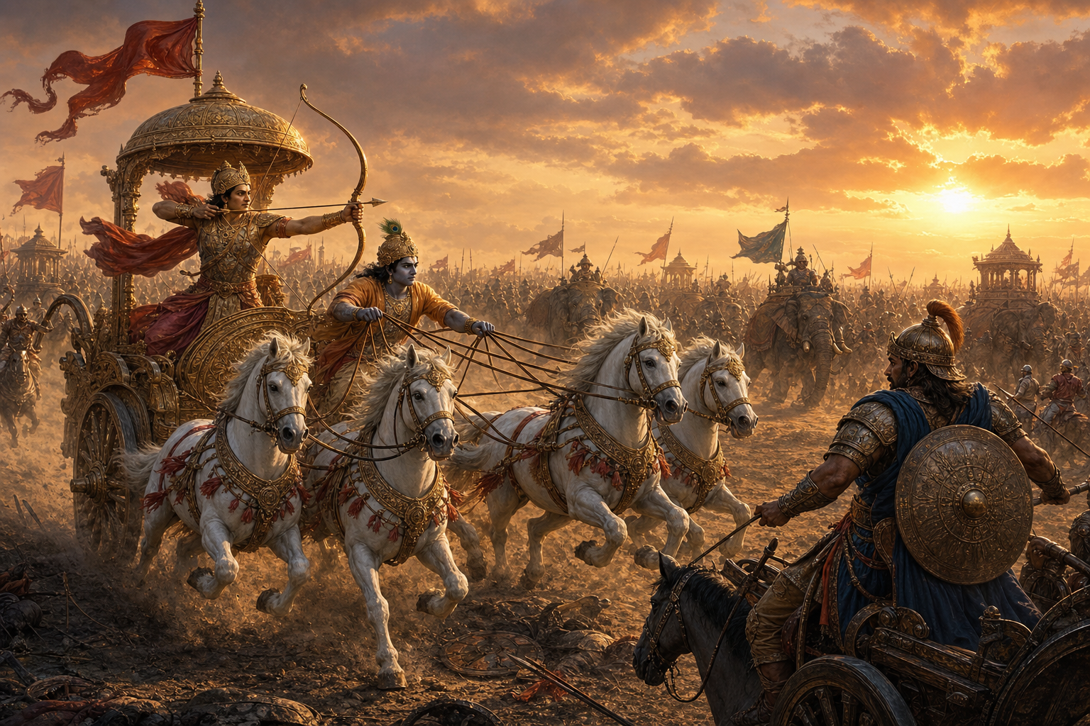 Arjuna draws his bow from a chariot driven by Krishna as Achutayus confronts their advance across the sunlit Kurukshetra battlefield.