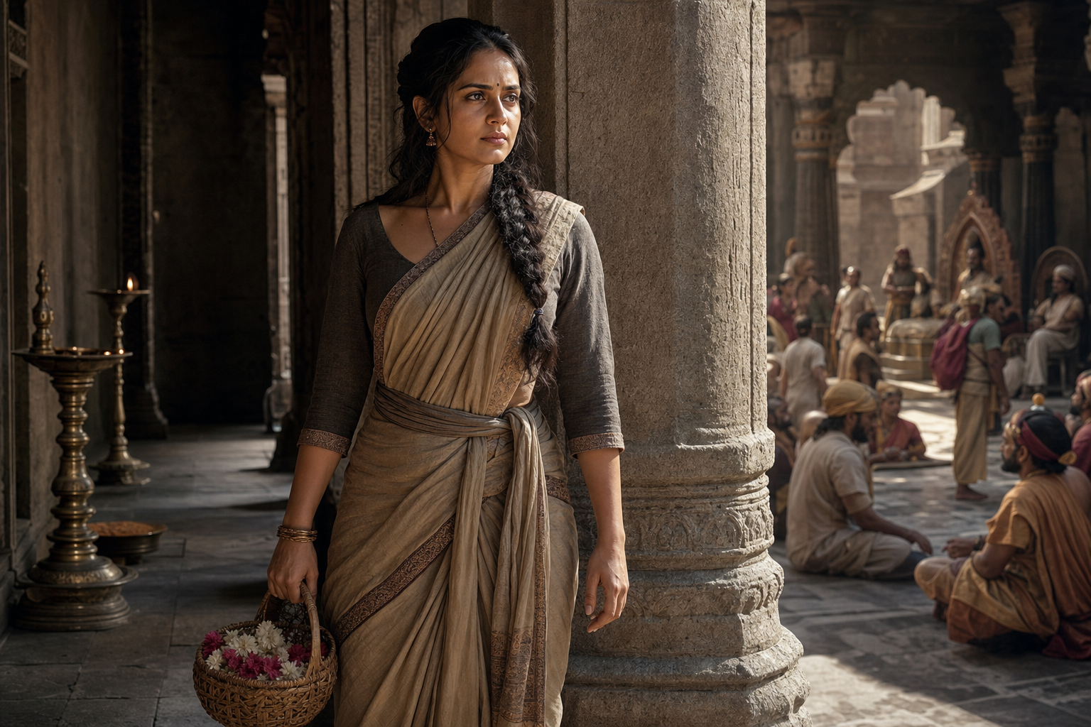 Sairandhri stands composed beside a stone palace pillar, holding a flower basket as courtiers gather in the hall behind her.