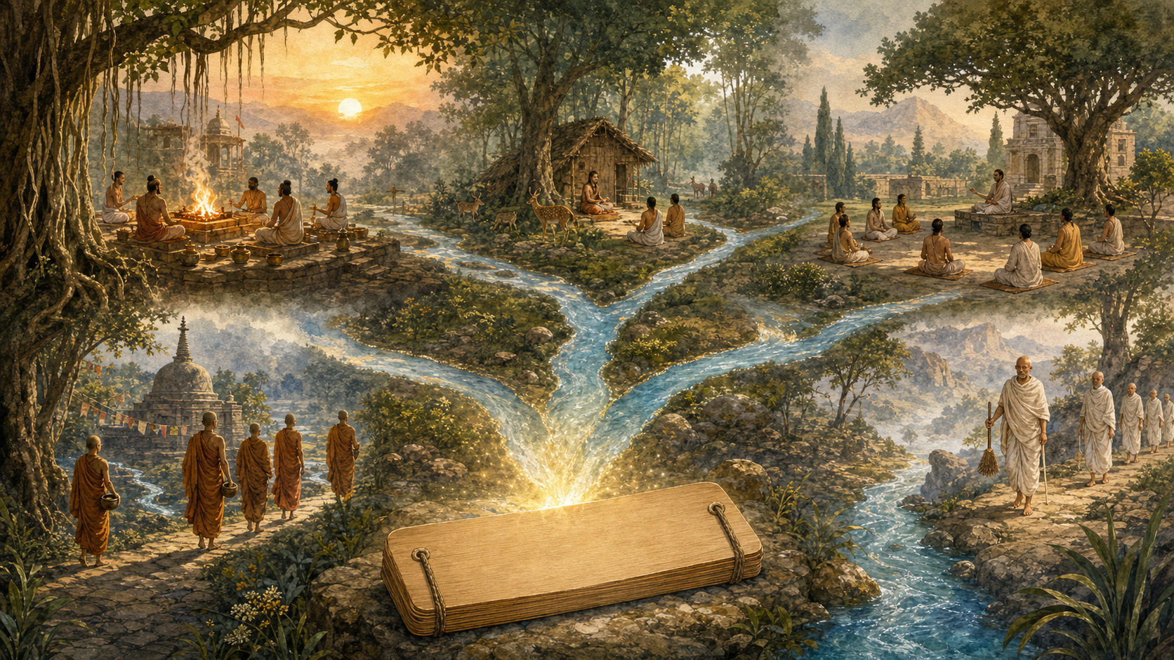 A river branches beside a palm-leaf manuscript and flows toward separate Vedic, hermitage, philosophical, Buddhist, and Jain settings.
