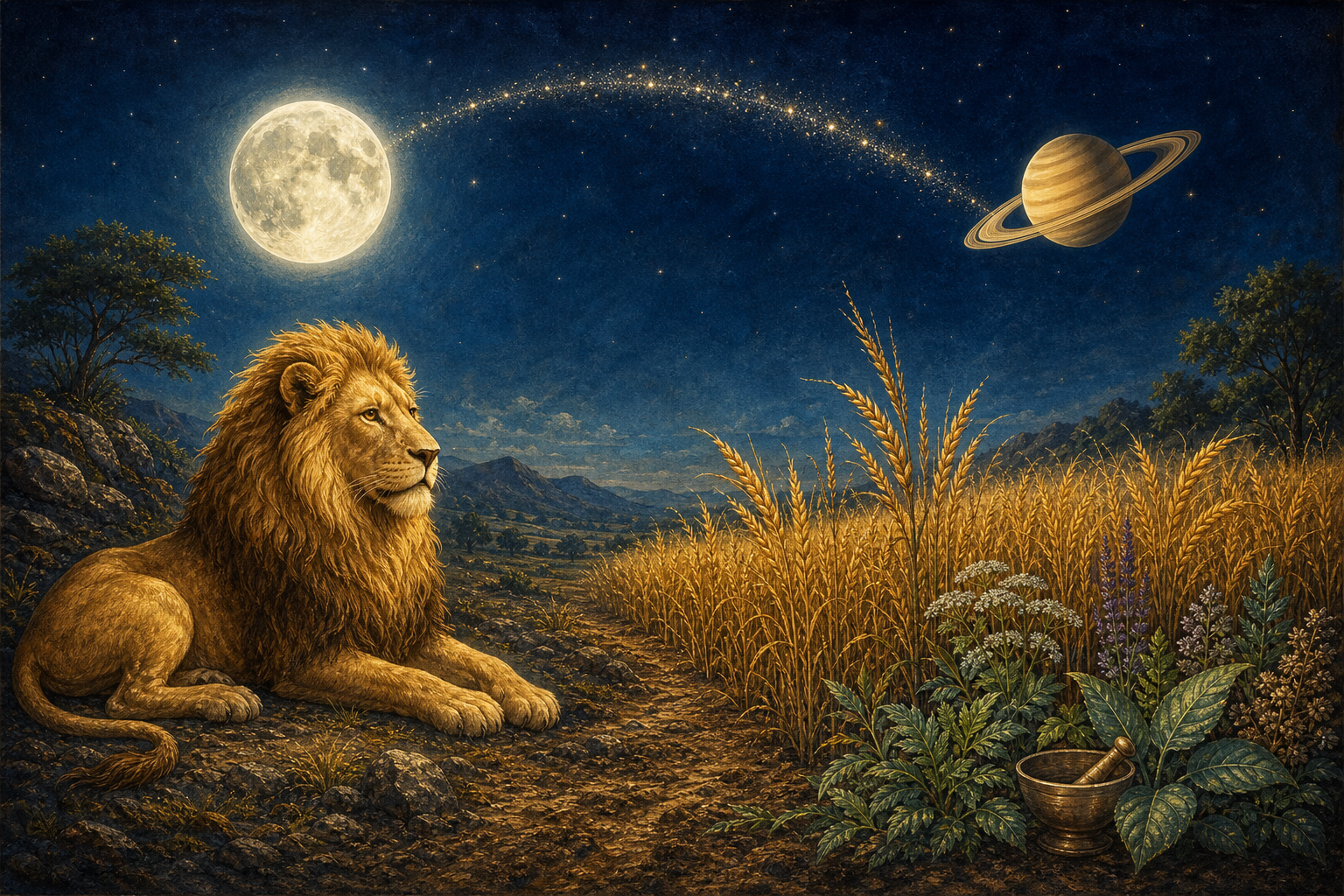 A full Moon shines above a golden lion while Saturn appears over an adjoining field of grain connected by a curved band of starlight.