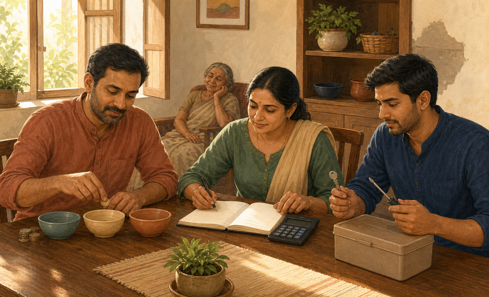 Three family members calmly organize coins, a blank notebook, house keys, repair tools, and a storage box at a dining table while an older relative rests nearby.