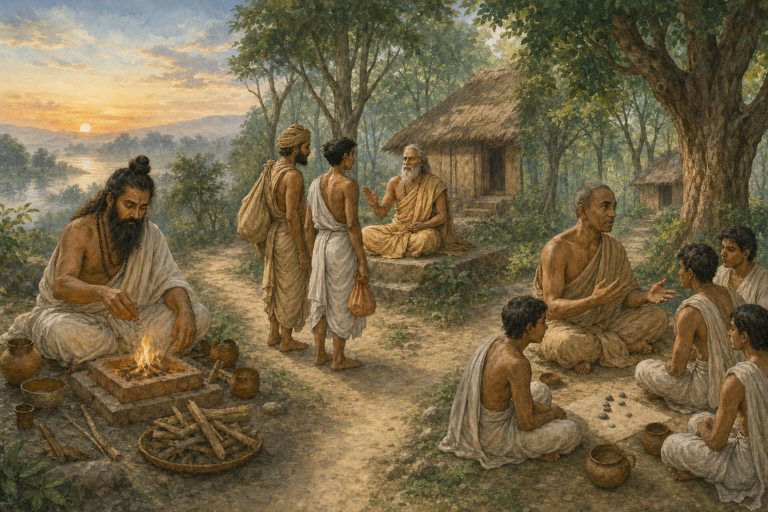 Three distinct ancient Indian teachers appear in a Vedic ritual setting, a forest hermitage, and a philosophical teaching courtyard.