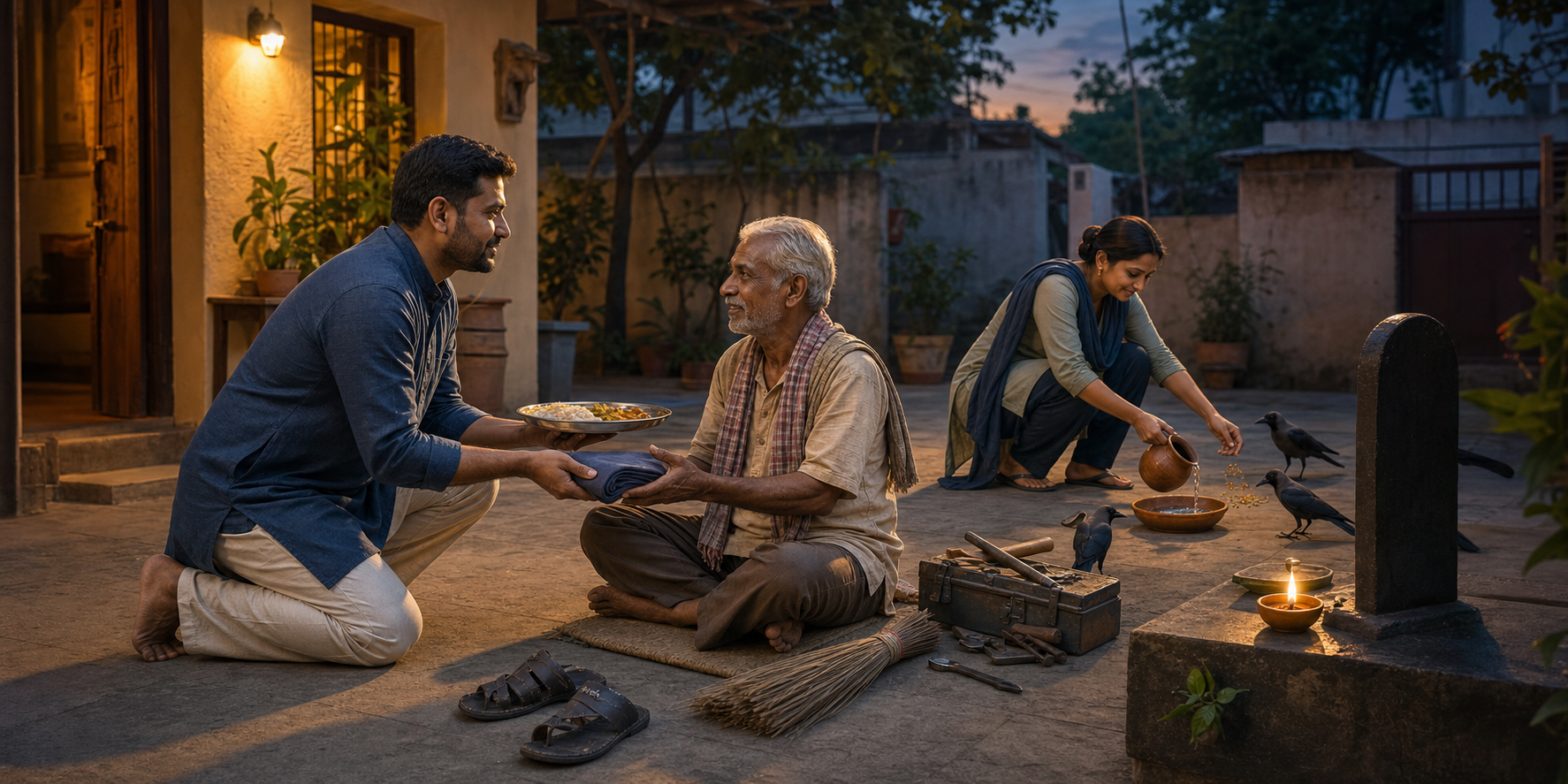 A family offers food and cloth to an elderly worker, leaves water and grain for crows, and lights a small oil lamp in a quiet courtyard.