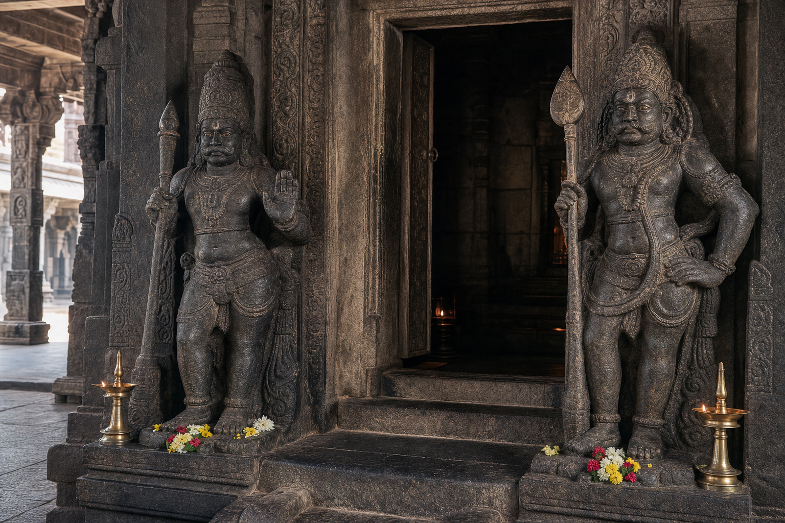 Two differently posed stone guardian sculptures flank a carved sanctum doorway illuminated by brass oil lamps.