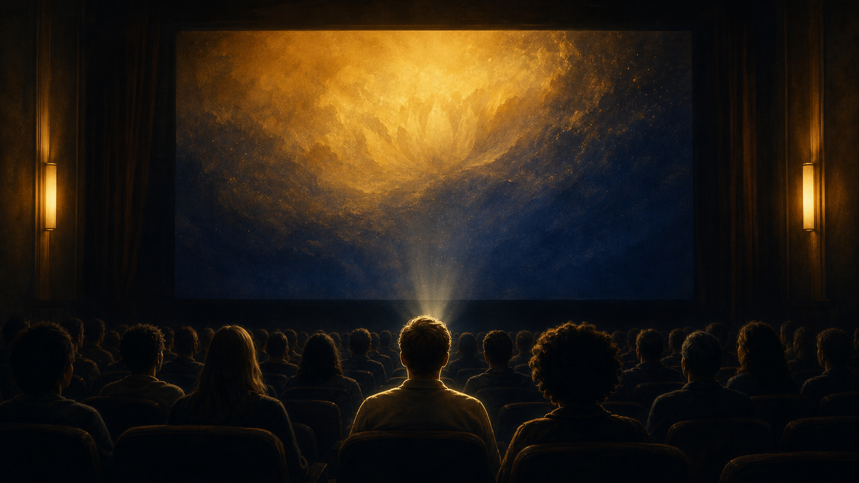 An audience sits in a dark theatre before a screen glowing with abstract gold and indigo light.