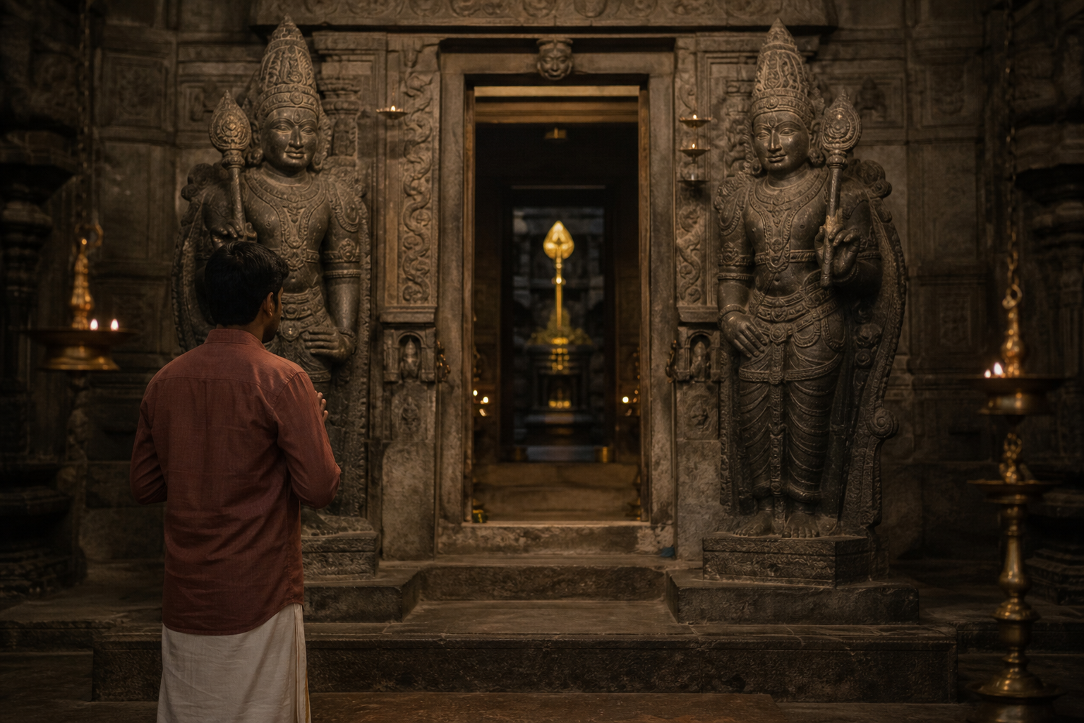 A visitor with joined hands pauses before two guardian figures at the entrance to a softly lit Murugan sanctum.