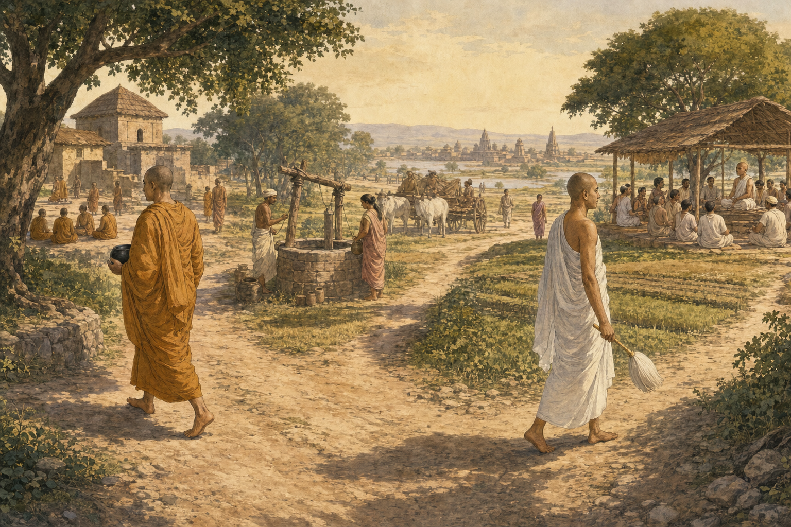 A Buddhist renunciant and a Jain monk follow separate paths through the same ancient North Indian landscape.