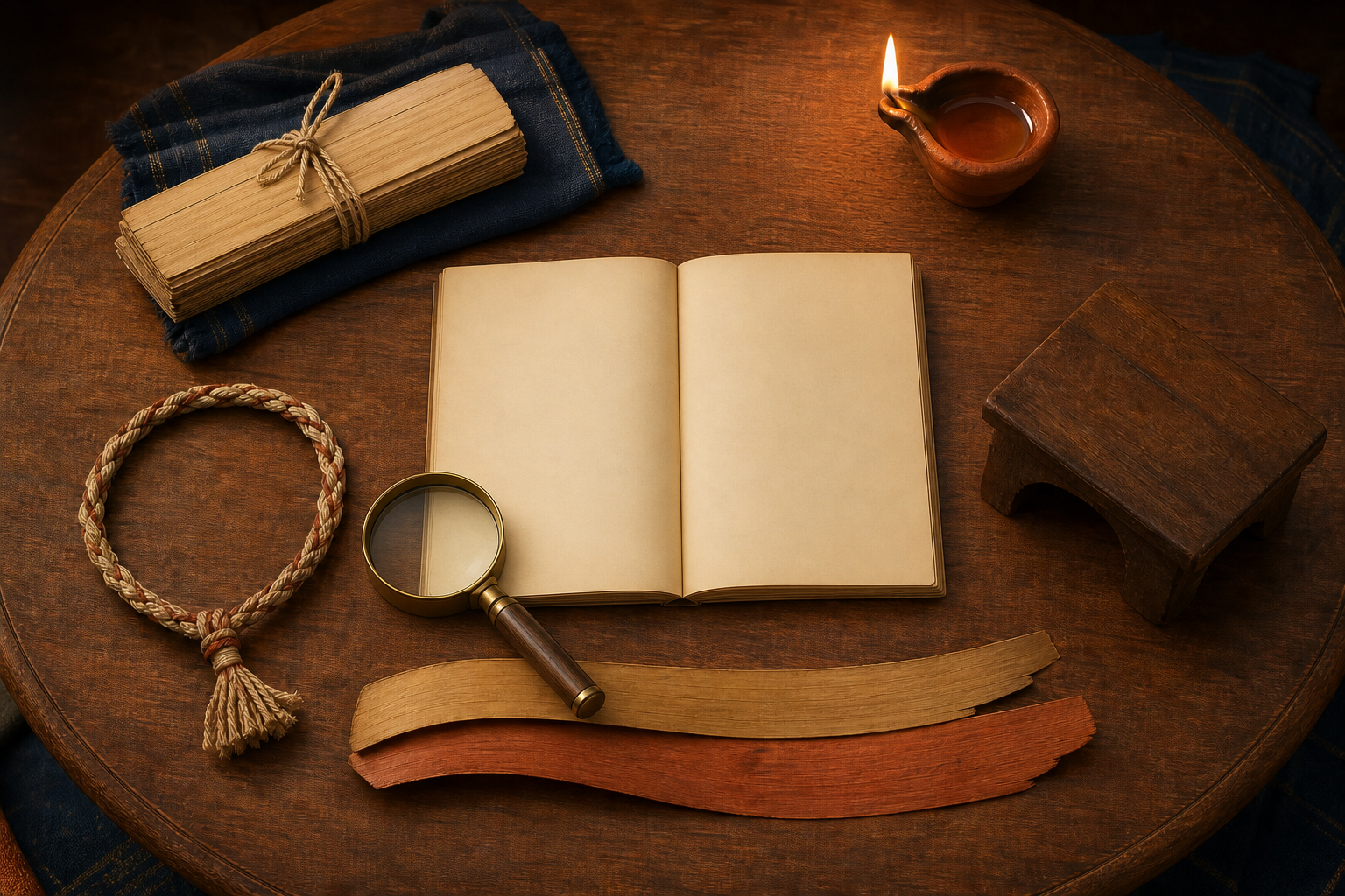 Five research objects surround a blank folio and magnifying lens on a wooden study table.